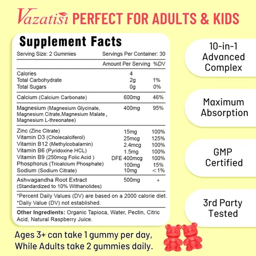 Miniatura 2 de Paquete de 2 gomitas de calcio con magnesio, zinc, vitamina D3 y B12, suplementos de calcio para mujeres y hombres, apoyo a los huesos, los músculos