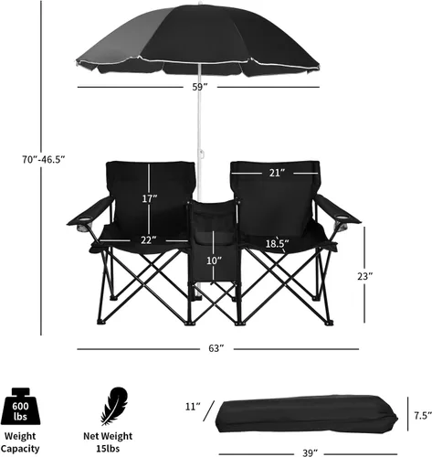 Miniatura 3 de Tangkula Sillas de campamento dobles con paraguas, silla de campamento plegable portátil de 2 asientos con bolsa enfriadora, soporte para bebidas