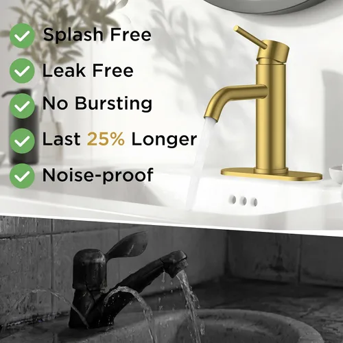 Miniatura 9 de FORIOUS - Grifo de baño dorado de 1 agujero, grifo de lavabo de acero inoxidable con desagüe emergente de metal y manguera de suministro, adecuado