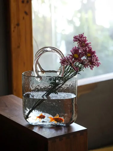 Miniatura 6 de Jarrón de vidrio para flores, florero de bolsa de vidrio, cesta de mano hecha a mano, bolso de burbujas creativo, florero de flores