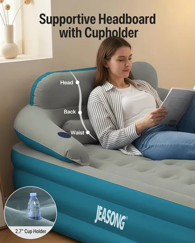 Miniatura 3 de JEASONG Colchón de aire Queen con bomba de batería recargable incorporada y cabecero, colchón inflable de 20 pulgadas, colchón inflable de 700 Verde