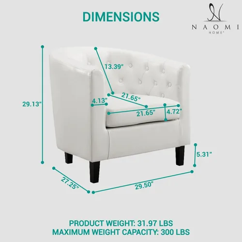 Miniatura 3 de Naomi Home Emma - Silla acentuada con botones copetados de imitación de cuero, silla de barril estilo midcentury moderno, sillón cómodo, sillas