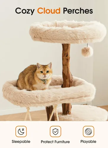 Miniatura 4 de Letkind Moderna torre de árbol para gatos grandes de interior, perches-torre de madera maciza natural para gatos con poste rascador de sisal