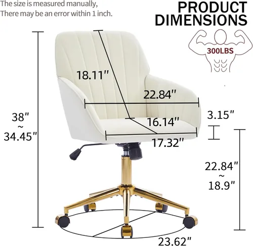 Miniatura 3 de YITAI Silla de escritorio de terciopelo con ruedas y base dorada, silla de tocador tapizada moderna ajustable en altura con giro de 360 grados