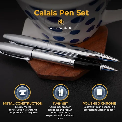 Miniatura 4 de Cross Calais - Juego de bolígrafo grabado y bolígrafo roller, cromo, diseño Art Deco, grabado a juego en ambos bolígrafos, regalo para graduación