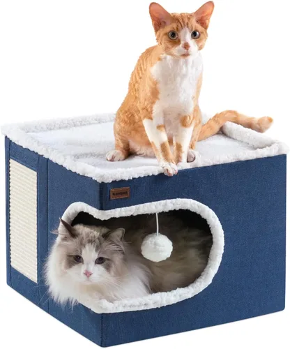 Miniatura 9 de Garnpet Cama para Gatos de Interior Casa Cubo, Camas de Cueva para Gatos Cubierta y Muebles con Almohadilla Rascadora y Tienda Refugio, Lindo Gris