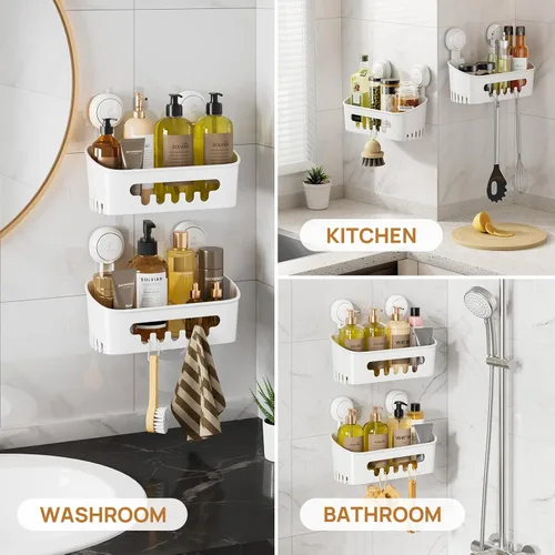 Miniatura 7 de LEVERLOC Paquete de 2 ventosas para ducha, organizador de ducha, estante de baño extraíble, succión de almacenamiento, potente capacidad máxima