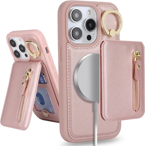 Miniatura 14 de para iPhone 14 Funda con soporte magnético Magsafe compatible, llavero de cuero PU plegable con soporte desmontable, funda tipo cartera 2-en-1