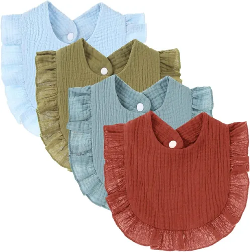 Miniatura 10 de Juego de 4 baberos de muselina sólida contra babeo para bebé, unisex, para niños y niñas, de algodón, ajustables, para dentición, alimentación