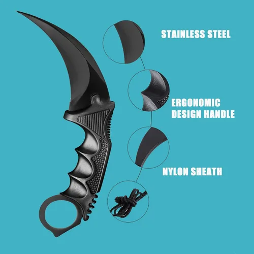 Miniatura 4 de 2 Piezas Cuchillo Karambit de Hoja Fija, Herramienta Táctica de Acampada, Cuchillo de Caza al Aire Libre con Funda y Cordón, Adecuado para Negro