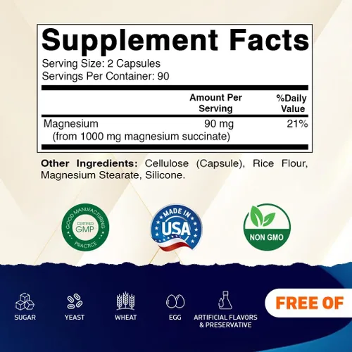 Miniatura 2 de Vitamatic Succinato de magnesio 1000 mg por porción (proporciona 90 mg de magnesio elemental) - 180 cápsulas - Forma altamente biodisponible - Apoya