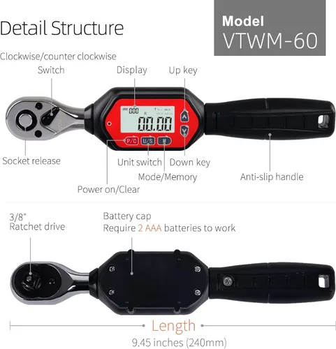 Miniatura 7 de Llave dinamométrica digital de 3/8 pulgadas, 1.33-44.25 ft-lbs (1.8-60 Nm) (16-531 libra) con zumbador y LED, calibrado (VTWM-60), rojo