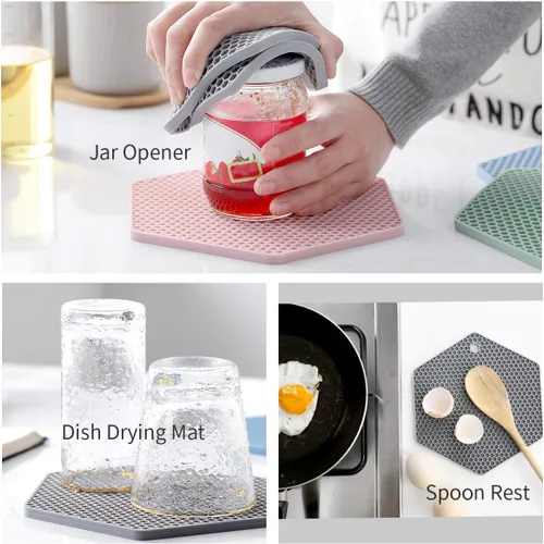 Miniatura 6 de Paquete de 4 salvamanteles de silicona, tapete de secado de platos de diferentes tamaños, soporte para ollas y sartenes, almohadillas calientes