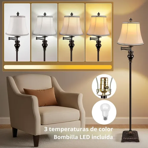 Miniatura 4 de PARTPHONER Lámparas de pie vintage para sala de estar, lámpara de pie de granja tradicional con brazo oscilante ajustable de 350° para dormitorio