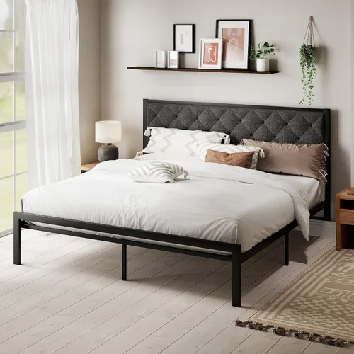 Miniatura 11 de MUTICOR Elegante marco de cama tamaño individual con cabecera tapizada de piel sintética con botones, listones de metal resistentes, almacenamiento