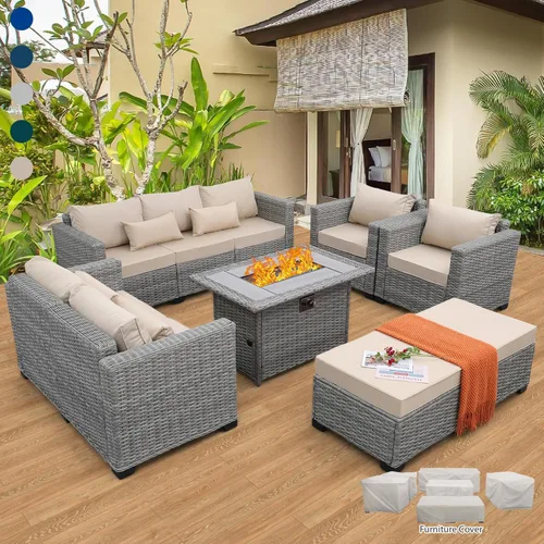 Rattaner - Juego de 7 piezas de muebles de exterior, juego de muebles de patio con sofá de patio de 45 pulgadas con lugar para fogata, mesa de fuego