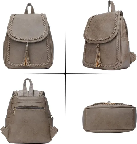 Miniatura 2 de KKXIU Bolso pequeño de la mochila del cuero sintético de la manera para las mujeres y las niñas adolescentes con la borla, Caqui, Viajar