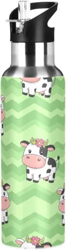 Stainless Steel Vacuum Insulated Water Bottle 20 Oz, Leakproof Water Bottles for Gym Outdoor Travel School, Cute Cartoon Cows Green