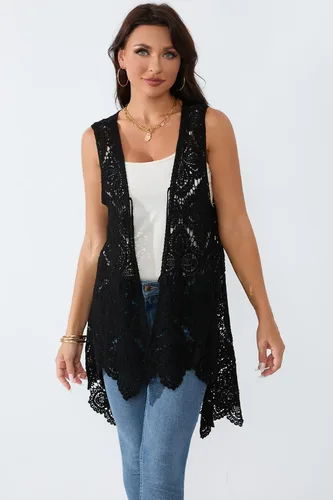 Miniatura 3 de Chaleco de encaje de ganchillo para mujer, estilo bohemio, sin mangas, kimono con dobladillo irregular