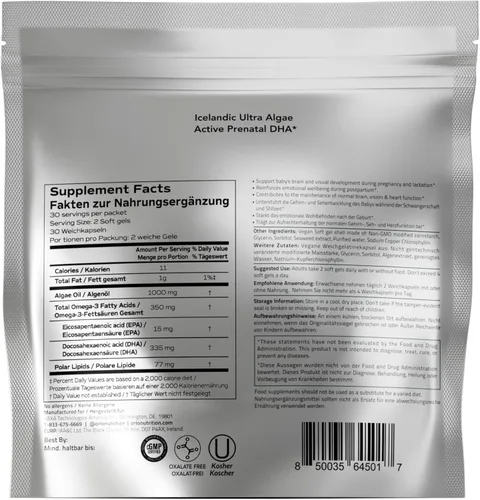 Miniatura 10 de Orlo DHA PRENATAL - Suplemento prenatal DHA Omega 3 - Omega3 de triple fuerza - DHA vegano y aceite omega-3 de algas EPA - Apoya el desarrollo