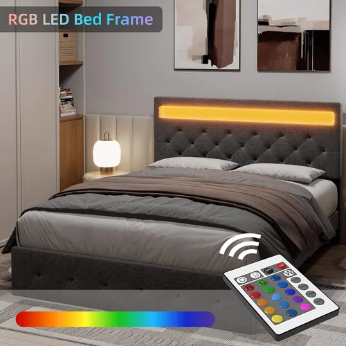 Miniatura 4 de Base de cama matrimonial con cabecera de luces LED, marco de cama LED con puerto USB de carga rápida, marco de cama tapizado de plataforma,