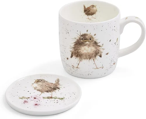 Royal Worcester Wrendale Designs Flying the Nest - Juego de taza y posavasos | Taza de café de 11 onzas con posavasos | Hecho de porcelana fina |