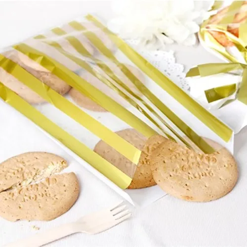 Miniatura 6 de WOKawaiYo HOPEMT - 200 bolsas de plástico translúcidas de rayas doradas/bolsas de celofán con 100 lazos dorados para galletas, pasteles, chocolate