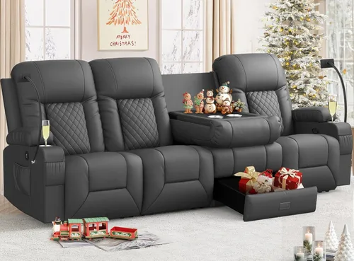 Miniatura 14 de FURNIMAT Sofá reclinable, sofá reclinable doble de 3 asientos, sofá biplaza de piel sintética, moderna silla reclinable para sala de estar, con Negro