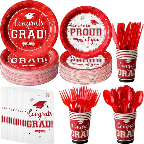 Miniatura 10 de Suministros para fiesta de graduación, juego de platos y servilletas de graduación de felicitaciones, vajilla desechable, platos de papel