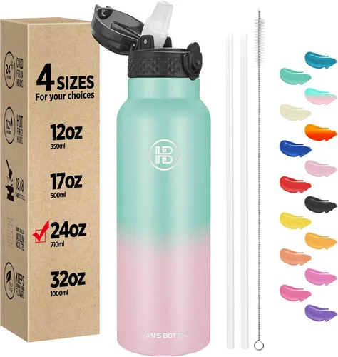 Miniatura 23 de Han's Bottle - Botella de agua para niños con tapa con pajilla - Vaso reutilizable de acero inoxidable aislado para niñas, niños, taza termo, 17
