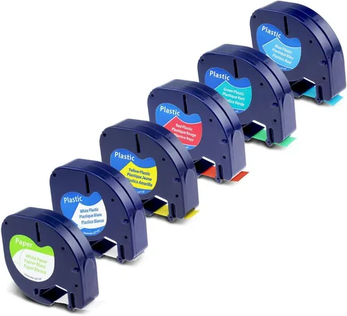 Compatible con DYMO LetraTag - Recambios para etiquetadoras de papel y plástico, color negro sobre blanco/rojo/amarillo/azul/verde para Dymo Letra