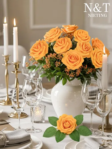 Miniatura 189 de N&T NIETING Flores artificiales, rosas artificiales de color rosa intenso, 50 piezas de flores falsas con tallo para ramos de boda DIY, centros