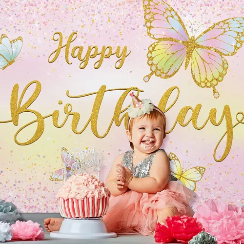 Miniatura 4 de Dandat Telón de fondo de cumpleaños de mariposa de 7 x 5 pies, tema rosa, mariposa dorada, decoración de fiesta, pancarta de poliéster, fondo