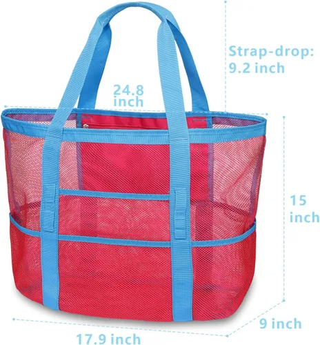 Miniatura 3 de F-color Bolsa de playa, bolsa de playa de malla de gran tamaño, 9 bolsillos, bolsa de toalla de playa