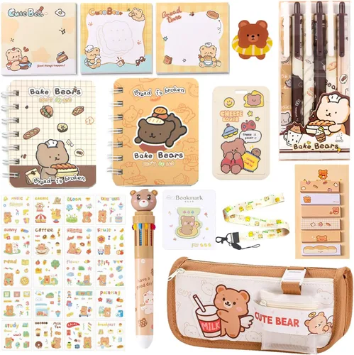 Juego de 406 piezas de artículos de papelería de oso lindo, suministros de oficina Kawaii, incluye un divertido estuche para lápices, bolígrafos de