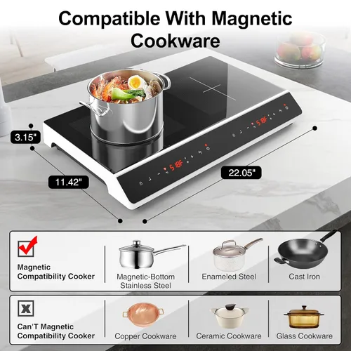 Miniatura 3 de GIHETKUT Placa de cocción de doble inducción, 4000 W, 2 quemadores, placa de inducción con pantalla táctil LED, 10 niveles de ajustes con bloqueo