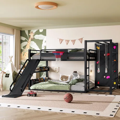 Miniatura 15 de Bellemave Litera de tamaño individual con aro de baloncesto, anillos de dominadas y pared de escalada, litera individual con tobogán y estantería