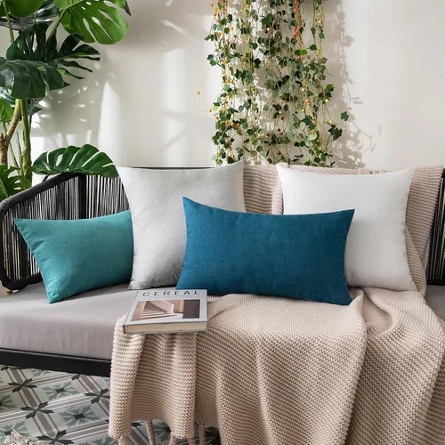 Miniatura 4 de MIULEE - Paquete de 2 fundas de almohada decorativas para exteriores, impermeables, sólidas, de imitación de lino, para jardín, casa de campo, Azul