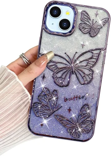 Miniatura 25 de BITOBE Diseñada para iPhone 15 Pro Max, bonita funda de mariposa 3D chapada en purpurina delgada para mujeres y niñas, protección de cámara, Negro