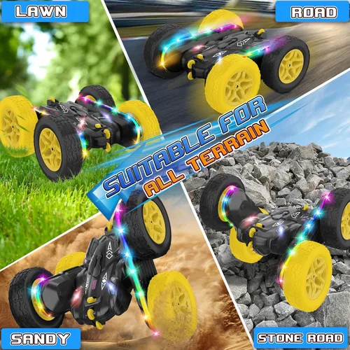 Miniatura 5 de Jimdella Auto de control remoto, autos RC con tira de luz lateral y faros, auto de acrobacias RC giratorio de doble cara de 360°, juguetes todo LED