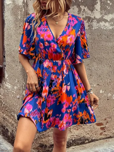 Miniatura 5 de OYOANGLE Vestido acampanado acampanado con cuello en V y manga corta de mariposa para mujer
