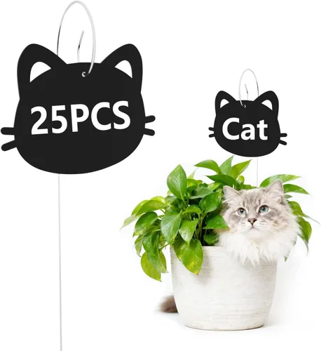 Paquete de 25 marcadores de metal de hierro con forma de cabeza de gato, etiquetas de metal resistentes a la intemperie, letreros de estaca de