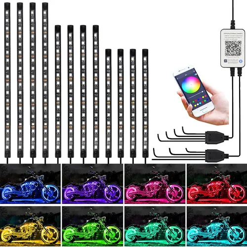 Miniatura 10 de Juego de 8 luces LED para motocicleta, control por aplicación, multicolor, kit de luces LED para motocicleta, sincronización de música, tiras