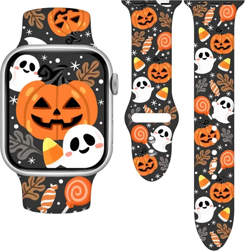 Miniatura 10 de Correa de reloj Holidays compatible con Apple Watch Series 11 10 9 8 7 6 5 4 3 Ultra SE para mujeres y hombres, correa de calabaza de silicona suave