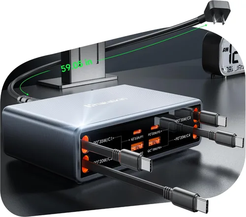 Miniatura 11 de Cargador retráctil 8 en 1 para múltiples dispositivos Apple Samsung, estación de carga de 105 W, USB c Gan Usbc, enchufe de pared de cargador rápido