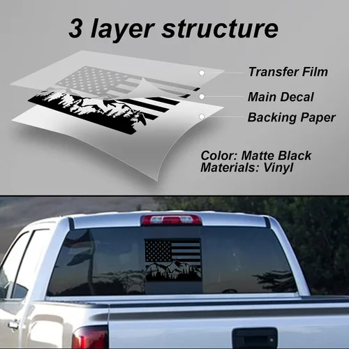 Miniatura 5 de Adhesivo para ventana trasera media de Chevy Silverado Sierra 2004-2018 Bandera de Estados Unidos de montaña de vinilo adhesivos mate negro