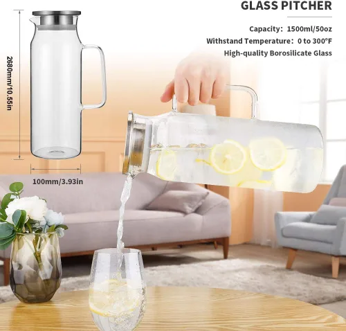 Miniatura 5 de BOTTLE BOTTLE Jarra de vidrio con tapa y asa, jarra de agua de 50 oz/50.7 fl oz para té helado y jugo casero resistente al calor jarra de vidrio