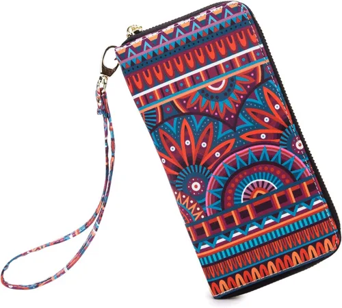 Miniatura 188 de Cartera de mano para mujer, estilo bohemio, con RFID, elegante, espaciosa con correa para viajes, capacidad para tarjetas, teléfono, dinero