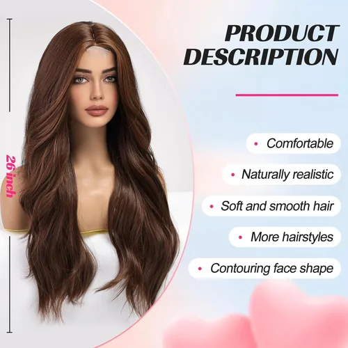 Miniatura 2 de EMMOR Peluca larga y ondulada marrón mixta para mujer, pelucas de encaje frontal, aspecto natural, 26 pulgadas, parte media, peluca rizada