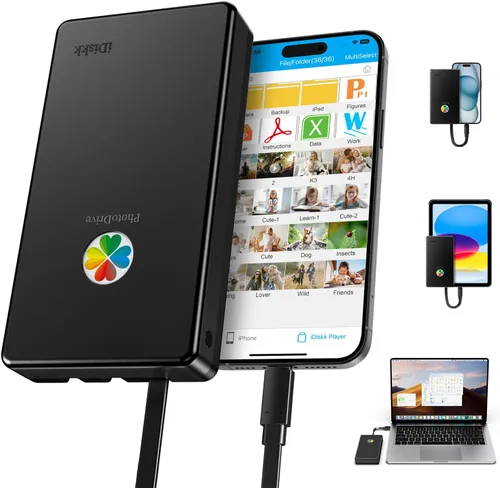 iDiskk Disco duro externo para iPhone de 500 GB con certificación Apple, con un clic de copia de seguridad automática, archivos de videos,